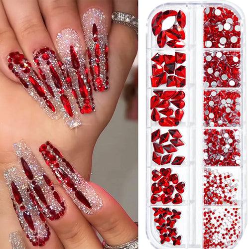 1000pcs Valentine's Day RED Rhinestone 12 Grid FlatBack Mixed-Size Nail Crystal DIY Non-Hotfix 3D Red Manicure Diamond ZB-2023