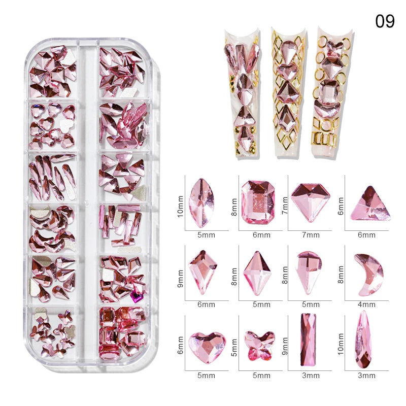 1000pcs Valentine's Day RED Rhinestone 12 Grid FlatBack Mixed-Size Nail Crystal DIY Non-Hotfix 3D Red Manicure Diamond ZB-2023