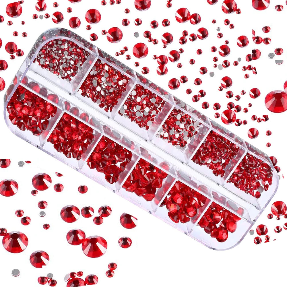 1000pcs Valentine's Day RED Rhinestone 12 Grid FlatBack Mixed-Size Nail Crystal DIY Non-Hotfix 3D Red Manicure Diamond ZB-2023