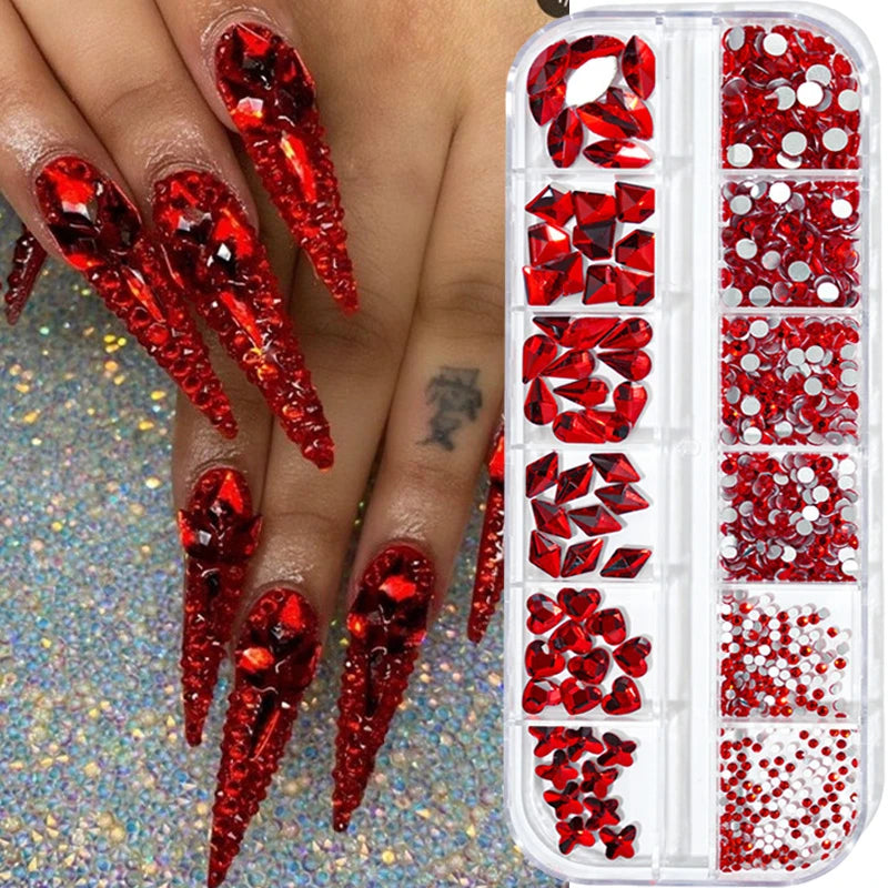 1000pcs Valentine's Day RED Rhinestone 12 Grid FlatBack Mixed-Size Nail Crystal DIY Non-Hotfix 3D Red Manicure Diamond ZB-2023