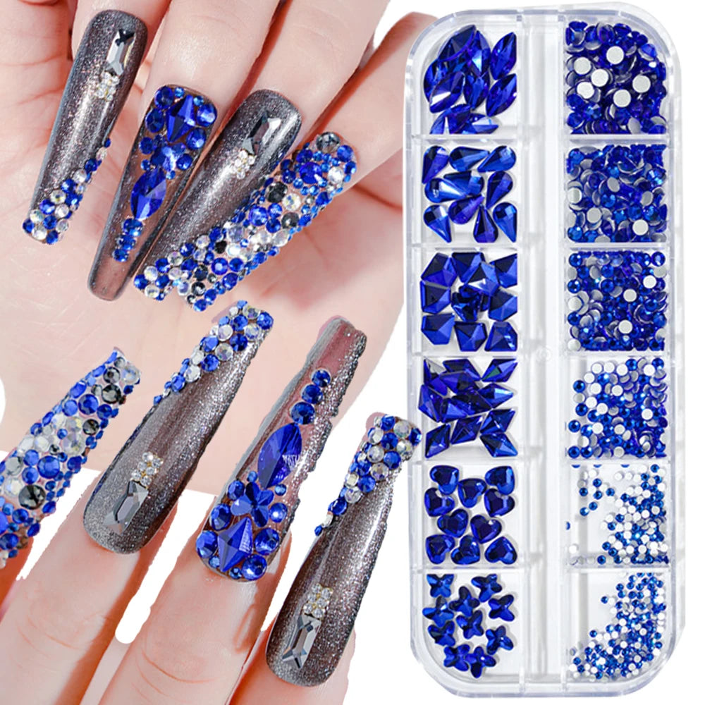 1000pcs Valentine's Day RED Rhinestone 12 Grid FlatBack Mixed-Size Nail Crystal DIY Non-Hotfix 3D Red Manicure Diamond ZB-2023