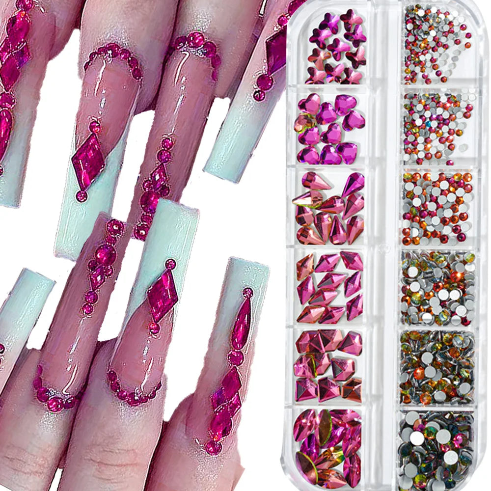 1000pcs Valentine's Day RED Rhinestone 12 Grid FlatBack Mixed-Size Nail Crystal DIY Non-Hotfix 3D Red Manicure Diamond ZB-2023