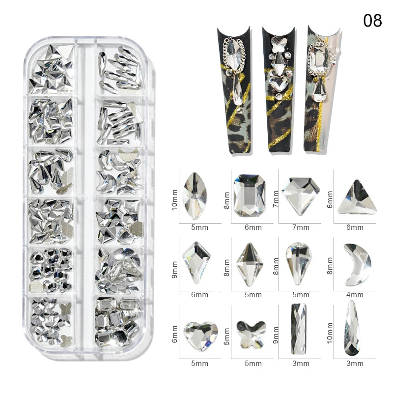 1000pcs Valentine's Day RED Rhinestone 12 Grid FlatBack Mixed-Size Nail Crystal DIY Non-Hotfix 3D Red Manicure Diamond ZB-2023