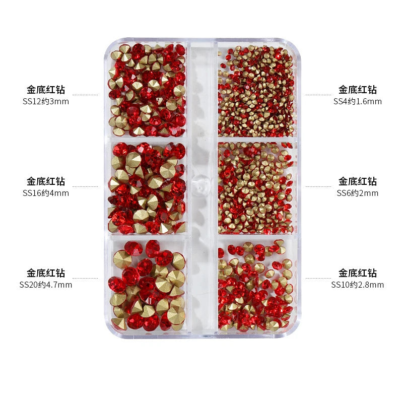 1000pcs Valentine's Day RED Rhinestone 12 Grid FlatBack Mixed-Size Nail Crystal DIY Non-Hotfix 3D Red Manicure Diamond ZB-2023
